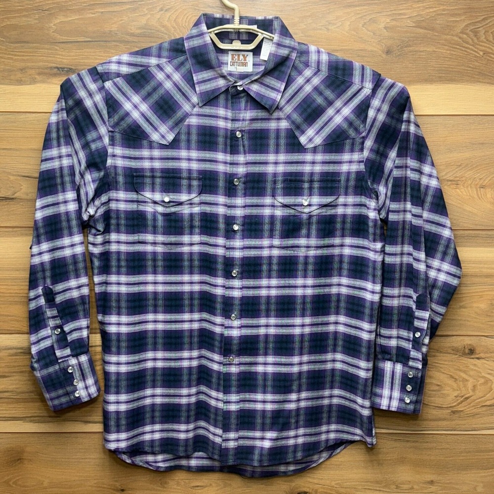 Ely Cattleman Western Shirt Mens Large Multicolor Plaid Cotton Pearl Snap Cowboy